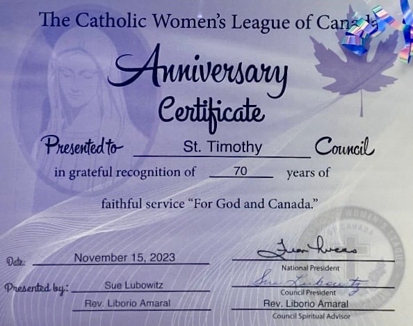 CWL Anniversary Certificate